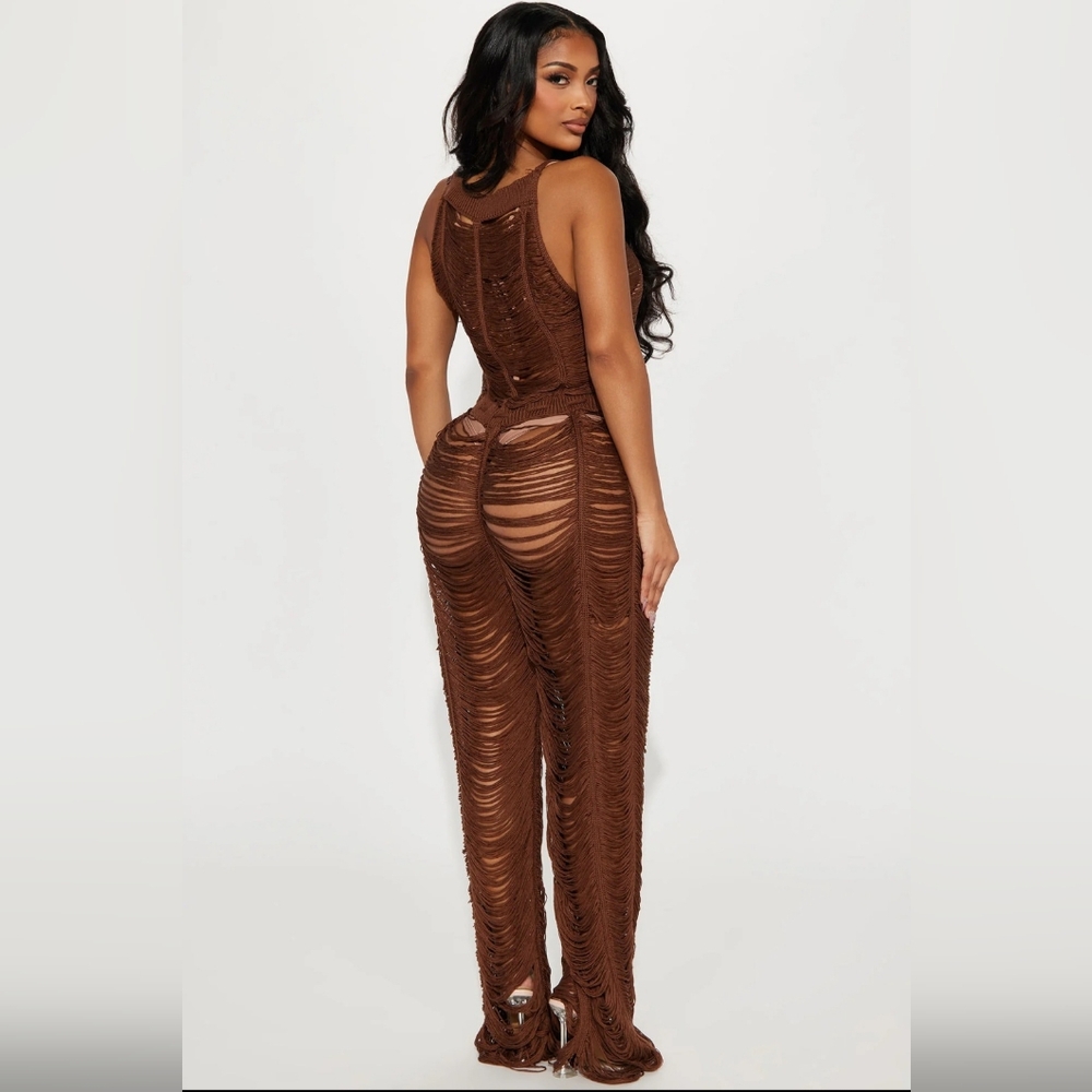 NWT Fashion Nova Chocolate Brown Crochet Jumpsuit Cover Up - Picture 3 of 5